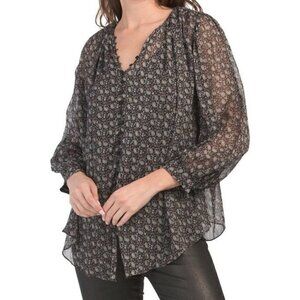 ZARA Printed Blouse With V-neck Buttons Black Size XS